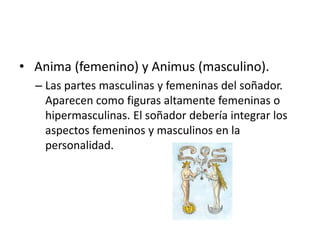 Anima (femenino) y Animus(masculino). Las partes masculinas y femeninas del soñador. Aparecen como figuras altamente femeninas o hipermasculinas. El soñador debería integrar los aspectos femeninos y masculinos en la personalidad.