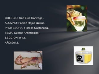 COLEGIO: San Luis Gonzaga .
ALUMNO: Fabián Rojas Quirós.
PROFESORA: Fiorella Castañeda.
TEMA: Sueros Antiofídicos.
SECCION: 9-12.
AÑO:2012.
 