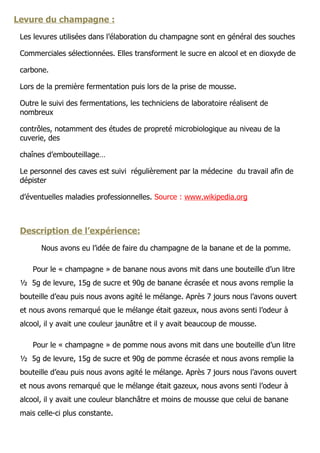 Levure du champagne :
 Les levures utilisées dans l’élaboration du champagne sont en général des souches

 Commerciales sélectionnées. Elles transforment le sucre en alcool et en dioxyde de

 carbone.

 Lors de la première fermentation puis lors de la prise de mousse.

 Outre le suivi des fermentations, les techniciens de laboratoire réalisent de
 nombreux

 contrôles, notamment des études de propreté microbiologique au niveau de la
 cuverie, des

 chaînes d’embouteillage…

 Le personnel des caves est suivi régulièrement par la médecine du travail afin de
 dépister

 d’éventuelles maladies professionnelles. Source : www.wikipedia.org



 Description de l’expérience:
       Nous avons eu l’idée de faire du champagne de la banane et de la pomme.

     Pour le « champagne » de banane nous avons mit dans une bouteille d’un litre
 ½ 5g de levure, 15g de sucre et 90g de banane écrasée et nous avons remplie la
 bouteille d’eau puis nous avons agité le mélange. Après 7 jours nous l’avons ouvert
 et nous avons remarqué que le mélange était gazeux, nous avons senti l’odeur à
 alcool, il y avait une couleur jaunâtre et il y avait beaucoup de mousse.

     Pour le « champagne » de pomme nous avons mit dans une bouteille d’un litre
 ½ 5g de levure, 15g de sucre et 90g de pomme écrasée et nous avons remplie la
 bouteille d’eau puis nous avons agité le mélange. Après 7 jours nous l’avons ouvert
 et nous avons remarqué que le mélange était gazeux, nous avons senti l’odeur à
 alcool, il y avait une couleur blanchâtre et moins de mousse que celui de banane
 mais celle-ci plus constante.
 
