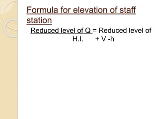 Reduced level of Q = Reduced level of
H.I. + V -h
Formula for elevation of staff
station
 