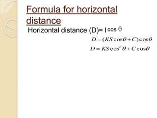 Horizontal distance (D)= L.
Formula for horizontal
distance
 coscos2
CKSD 
 cos)cos( CKSD 
 