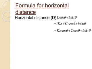 Horizontal distance (D)
Formula for horizontal
distance
 sincos. hL 
 sincos).( hCsK 
 sincoscos. hCsK 
 