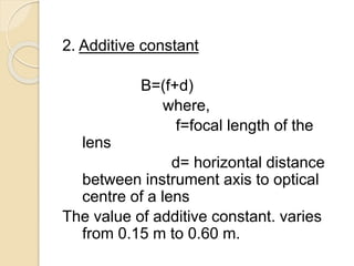 2. Additive constant
B=(f+d)
where,
f=focal length of the
lens
d= horizontal distance
between instrument axis to optical
centre of a lens
The value of additive constant. varies
from 0.15 m to 0.60 m.
 