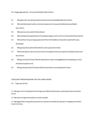3.0 TanggungjawabGuru Persatuan/Kelab/UnitBeruniform:
3.1 Mengaturdan menyeliaperjalananaktivitipersatuan/kelab/badanberuniform
3.2 Menyediakanjadual waktuuntukperjumpaandanmesyuaratkelab/persatuan/badan
beruniform
3.3 Menyelarassemuaaktivitikokurikulum
3.4 Menyediakanborangkebenaranibubapa/penjagauntukmuridmenyertai aktivitikokurikulum
3.5 MemastikanmesyuaratagungdanpemilihanAJKdiadakansetiaptahunpadatarikhyang
ditetapkan
3.6 Mengumpul bukuaktiviti/failaktiviti untukrujukandanrekod
3.7 Membuatlaporantahunankeseluruhantentangaktivitidanpencapaiankelab/persatuan/unit
beruniform
3.8 MengurusbukuPenilaianAktiviti Kokurikulumsepertimengagihkabbukukepadaguruuntuk
diedarkankepadamurid.
3.9 MengumpulkanbukuPenilaianAktiviti Kokurikulumsemulapadaakhirtahun
TUGAS DAN TANGGUNGJAWAB UNIT HAL EHWAL MURID
1.0 Tugas penyelaras
1.1 Mengurushal-hal yangberkaitandenganpendaftaran,kemasukan,penempatandanpertukaran
murid.
1.2 Menyeliamengenai kehadiranmuridke sekolah.
1.3 Menggubal danmenguatkuasaperaturan-peraturansekolahdanjikaperlumengkaji semuladari
masa ke semasa.
 