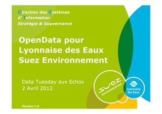 Direction des Systèmes
d’ Information
Stratégie & Gouvernance



OpenData pour
Lyonnaise des Eaux
Suez Environnement

 Data Tuesday aux Echos
 2 Avril 2012


 Version 1.0
 