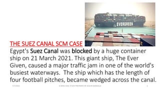 THE SUEZ CANAL SCM CASE
Egypt's Suez Canal was blocked by a huge container
ship on 21 March 2021. This giant ship, The Ever
Given, caused a major traffic jam in one of the world's
busiest waterways. The ship which has the length of
four football pitches, became wedged across the canal.
7/7/2021 A MINI CASE STUDY PREPARED BY JESILIN MANJULA 1
 