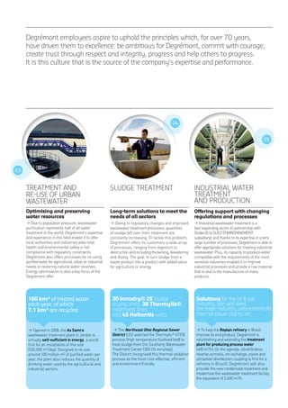 Degrémont employees aspire to uphold the principles which, for over 70 years,
have driven them to excellence: be ambitious for Degrémont, commit with courage,
create trust through respect and integrity, progress and help others to progress.
It is this culture that is the source of the company’s expertise and performance.
TREATMENT AND
RE-USE OF URBAN
WASTEWATER
Optimising and preserving
water resources
160 km³ of treated water
each year, of which
7.1 km³ are recycled
SLUDGE TREATMENT
Long-term solutions to meet the
needs of all sectors
30 Innodry® 2E sludge
drying units, 38 Thermylis®
treatment lines
and 45 Heliantis units
INDUSTRIAL WATER
TREATMENT
AND PRODUCTION
Offering support with changing
regulations and processes
Solutions for the oil & gas
industry, iron and steel,
the paper industry, petrochemicals,
thermal power plants, etc.
03
04
05
 