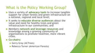 What is the Policy Working Group?
 Uses a variety of advocacy tools to increase tangible
support for urban forests and green infrastructure on
a national, regional and local level;
 It seeks to educate diverse audiences about the
value and need for healthy trees and green
infrastructure in our communities; and
 Members network and leverage resources and
knowledge among a growing community of
organizations to promote healthier, more vibrant
cities.
 Co-chairs:
 Gerry Gray (ACTrees)
 Rebecca Turner (American Forests)
 