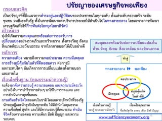 ปรัชญาของเศรษฐกิจพอเพียง
เป้าหมาย
มุ่งให้เกิดความสมดุลและพร้อมต่อการรองรับการ
เปลี่ยนแปลงอย่างรวดเร็วและกว้างขวาง ทั้งทางวัตถุ สังคม
สิ่งแวดล้อมและวัฒนธรรม จากโลกภายนอกได้เป็นอย่างดี
หลักการ
ความพอเพียง หมายถึงความพอประมาณ ความมีเหตุผล
การสร้างภูมิคุ้มกันในตัวที่ดีพอสมควร ต่อการมี
ผลกระทบใดๆ อันเกิดจากการเปลี่ยนแปลงทั้งภายนอก
และภายใน
เงื่อนไขพื้นฐาน (คุณธรรมนาความรู้)
จะต้องอาศัยความรอบรู้ ความรอบคอบ และความระมัดระวัง
อย่างยิ่งในการนาวิชาการต่างๆ มาใช้ในการวางแผน และ
การดาเนินการทุกขั้นตอน
การเสริมสร้างจิตใจของคนในชาติ โดยเฉพาะเจ้าหน้าที่ของรัฐ
นักทฤษฎีและนักธุรกิจในทุกระดับ ให้มีสานึกในคุณธรรม
ความซื่อสัตย์ สุจริต และให้มีความรอบรู้ที่เหมาะสม ดาเนิน
ชีวิตด้วยความอดทน ความเพียร มีสติ ปัญญา และความ
รอบคอบ
กรอบแนวคิด
เป็นปรัชญาที่ชี้ถึงแนวการดารงอยู่และปฏิบัติตนของประชาชนในทุกระดับ ตั้งแต่ระดับครอบครัว ระดับ
ชุมชน จนถึงระดับรัฐ ทั้งในการพัฒนาและบริหารประเทศให้ดาเนินไปในทางสายกลาง โดยเฉพาะการพัฒนา
เศรษฐกิจเพื่อให้ก้าวทันต่อโลกยุคโลกาภิวัตน์
ทางสายกลาง  พอเพียง
มีเหตุผล
มีภูมิคุ้มกัน
ในตัวที่ดี
พอประมาณ
เงื่อนไขคุณธรรม
ซื่อสัตย์สุจริต อดทน เพียร มีสติ ปัญญา
สมดุลและพร้อมรับต่อการเปลี่ยนแปลงใน
ด้าน วัตถุ สังคม สิ่งแวดล้อม และวัฒนธรรม
เงื่อนไขความรู้
รอบรู้ รอบคอบ ระมัดระวัง
www.sufficiencyeconomy.org10
 