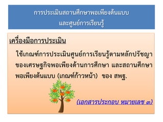 การประเมินสถานศึกษาพอเพียงต้นแบบ
และศูนย์การเรียนรู้
เครื่องมือการประเมิน
ใช้เกณฑ์การประเมินศูนย์การเรียนรู้ตามหลักปรัชญา
ของเศรษฐกิจพอเพียงด้านการศึกษา และสถานศึกษา
พอเพียงต้นแบบ (เกณฑ์ก้าวหน้า) ของ สพฐ.
(เอกสารประกอบ หมายเลข ๓)
 