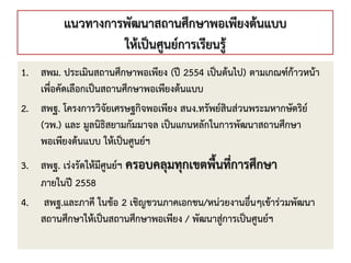 แนวทางการพัฒนาสถานศึกษาพอเพียงต้นแบบ
ให้เป็นศูนย์การเรียนรู้
1. สพม. ประเมินสถานศึกษาพอเพียง (ปี 2554 เป็นต้นไป) ตามเกณฑ์ก้าวหน้า
เพื่อคัดเลือกเป็นสถานศึกษาพอเพียงต้นแบบ
2. สพฐ. โครงการวิจัยเศรษฐกิจพอเพียง สนง.ทรัพย์สินส่วนพระมหากษัตริย์
(วพ.) และ มูลนิธิสยามกัมมาจล เป็นแกนหลักในการพัฒนาสถานศึกษา
พอเพียงต้นแบบ ให้เป็นศูนย์ฯ
3. สพฐ. เร่งรัดให้มีศูนย์ฯ ครอบคลุมทุกเขตพื้นที่การศึกษา
ภายในปี 2558
4. สพฐ.และภาคี ในข้อ 2 เชิญชวนภาคเอกชน/หน่วยงานอื่นๆเข้าร่วมพัฒนา
สถานศึกษาให้เป็นสถานศึกษาพอเพียง / พัฒนาสู่การเป็นศูนย์ฯ
 