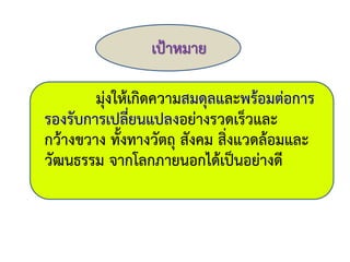 เป้าหมาย
มุ่งให้เกิดความสมดุลและพร้อมต่อการ
รองรับการเปลี่ยนแปลงอย่างรวดเร็วและ
กว้างขวาง ทั้งทางวัตถุ สังคม สิ่งแวดล้อมและ
วัฒนธรรม จากโลกภายนอกได้เป็นอย่างดี
 