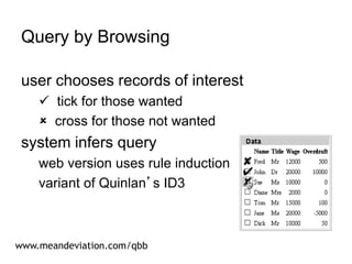 Query by Browsing
user chooses records of interest
 tick for those wanted
 cross for those not wanted
system infers query
web version uses rule induction
variant of Quinlan’s ID3
www.meandeviation.com/qbb
 