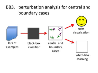 BB3. perturbation analysis for central and
boundary cases
lots of
examples
black-box
classifier
central and
boundary
cases
user
visualisation
white-box
learning
 