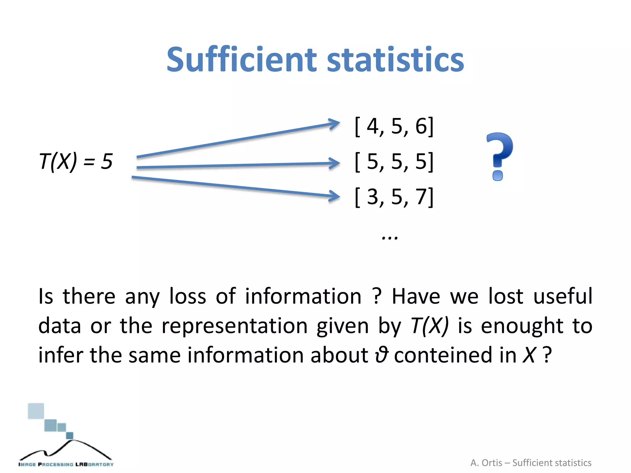 Sufficient statistics
[ 4, 5, 6]
T(X) = 5 [ 5, 5, 5]
[ 3, 5, 7]
...
Is there any loss of information ? Have we lost useful
data or the representation given by T(X) is enought to
infer the same information about θ conteined in X ?
A. Ortis – Sufficient statistics
 