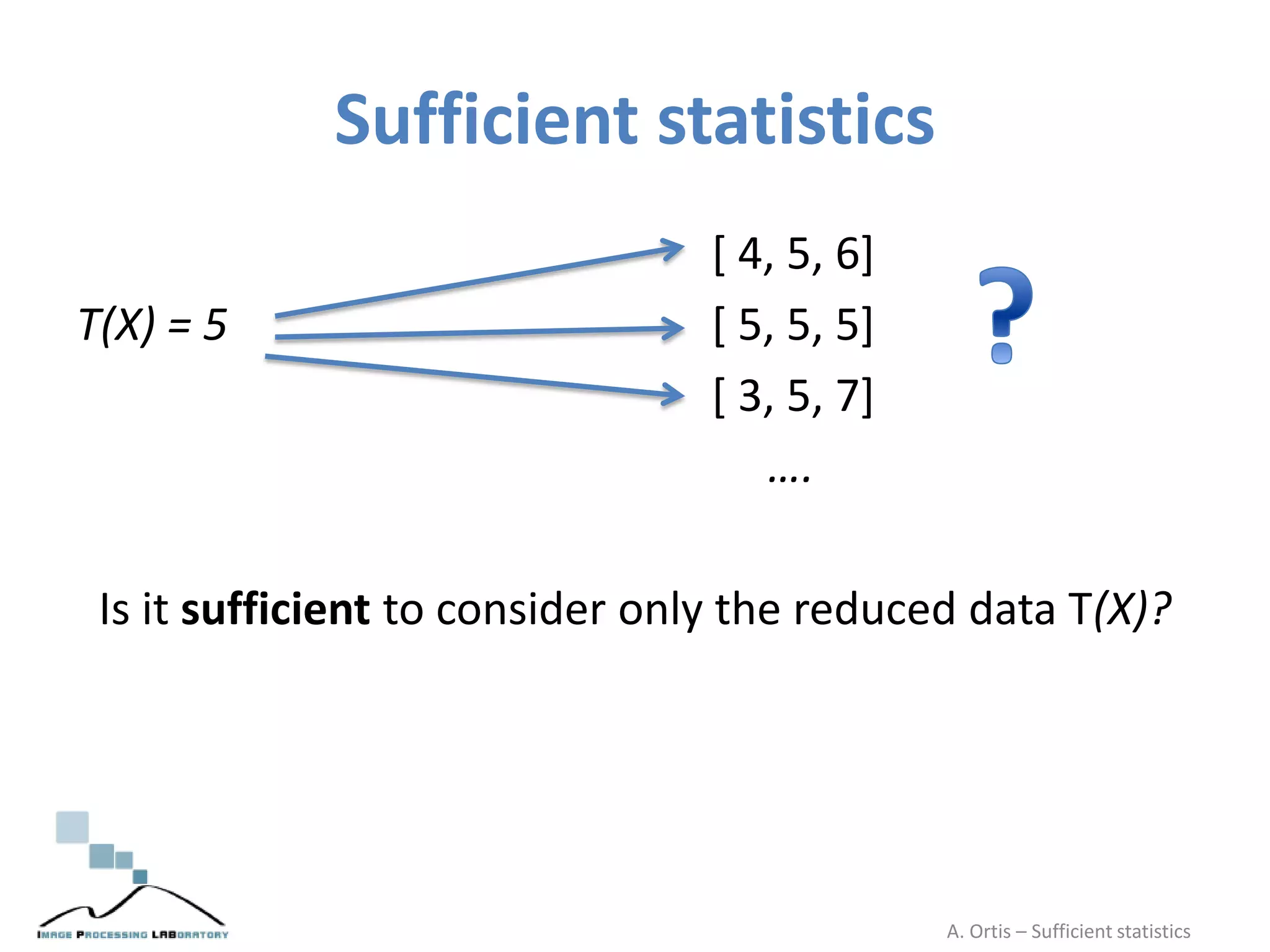 Sufficient statistics
[ 4, 5, 6]
T(X) = 5 [ 5, 5, 5]
[ 3, 5, 7]
….
Is it sufficient to consider only the reduced data T(X)?
A. Ortis – Sufficient statistics
 