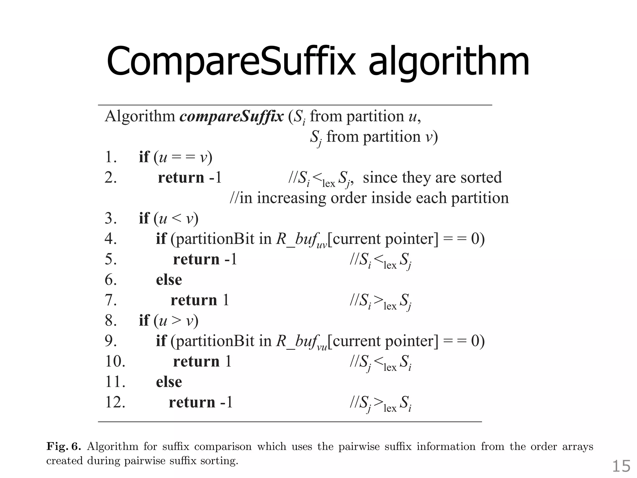 CompareSuffix algorithm 
15 
Algorithm compareSuffix (Si from partition u, 
Sj from partition v) 
1. if (u = = v) 
2. return -1 //Si lex Sj, since they are sorted 
//in increasing order inside each partition 
Algorithm compareSuffix (Si from partition u, 
3. if (u  v) 
4. if (partitionBit in R_bufuv[Sj from partition v) 
1. if (u = = v) 
current pointer] = = 0) 
5. return 2. return -1 -1 //Si lex Sj, //Si since they are sorted 
lex Sj 
6. else 
//in increasing order inside each partition 
7. return1 //Si lex Sj 
8. if (u  v) 
9. if (partitionBit in R_bufvu[current pointer] = = 0) 
10. return 1 //Sj lex Si 
11. else 
12. return -1 //Sj lex Si 
3. if (u  v) 
4. if (partitionBit in R_bufuv[current pointer] = = 0) 
5. return -1 //Si lex Sj 
6. else 
7. return1 //Si lex Sj 
8. if (u  v) 
9. if (partitionBit in R_bufvu[current pointer] = = 0) 
10. return 1 //Sj lex Si 
11. else 
12. return -1 //Sj lex Si 
Fig. 6. Algorithm for suffix comparison which uses the pairwise suffix information from the order arrays 
created during pairwise suffix sorting. 
Algorithm for suffix comparison which uses the pairwise suffix information from the order during pairwise suffix sorting. 
 