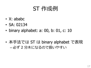 ST 作成例例 
• X: ababc 
• SA: 02134 
• binary alphabet: a: 00, b: 01, c: 10 
• 本⼿手法では ST は binary alphabet で表現 
– 必ず 2 分⽊木になるので扱いやすい 
17 
 