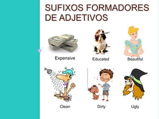 SUFIXOS FORMADORES 
DE ADJETIVOS 
H 
Expensive Educated Beautiful 
Clean Dirty Ugly 
 
