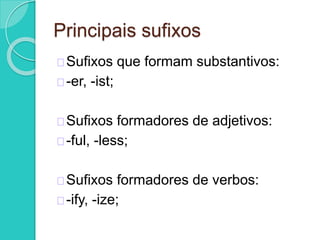 Principais sufixos 
Sufixos que formam substantivos: 
-er, -ist; 
Sufixos formadores de adjetivos: 
-ful, -less; 
Sufixos formadores de verbos: 
-ify, -ize; 
 