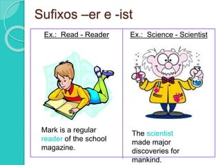 Sufixos –er e -ist 
f 
Ex.: Read - Reader 
Mark is a regular 
reader of the school 
magazine. 
Ex.: Science - Scientist 
The scientist 
made major 
discoveries for 
mankind. 
 