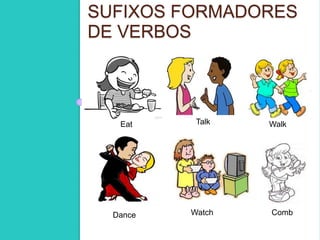 SUFIXOS FORMADORES 
DE VERBOS 
h 
Eat Talk Walk 
Dance Watch Comb 
 