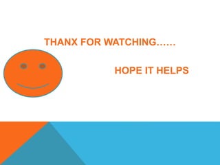 THANX FOR WATCHING……
HOPE IT HELPS
YOU!!
 