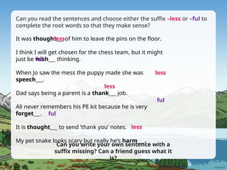 Learning Adjectives with Suffixes -ful and -less: Interactive English ...