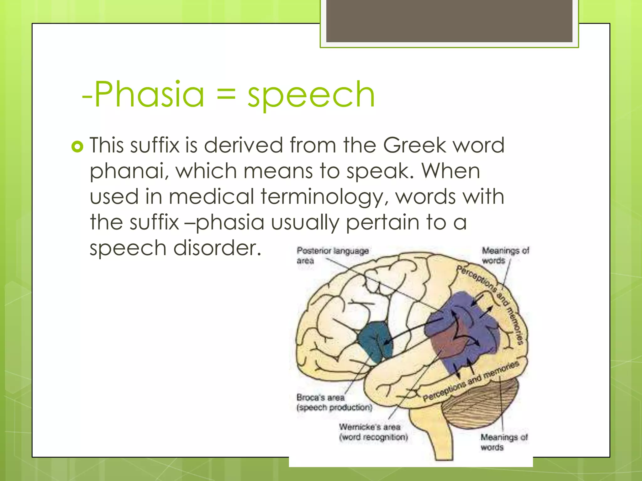 -Phasia = speech
 Thissuffix is derived from the Greek word
  phanai, which means to speak. When
  used in medical terminology, words with
  the suffix –phasia usually pertain to a
  speech disorder.
 