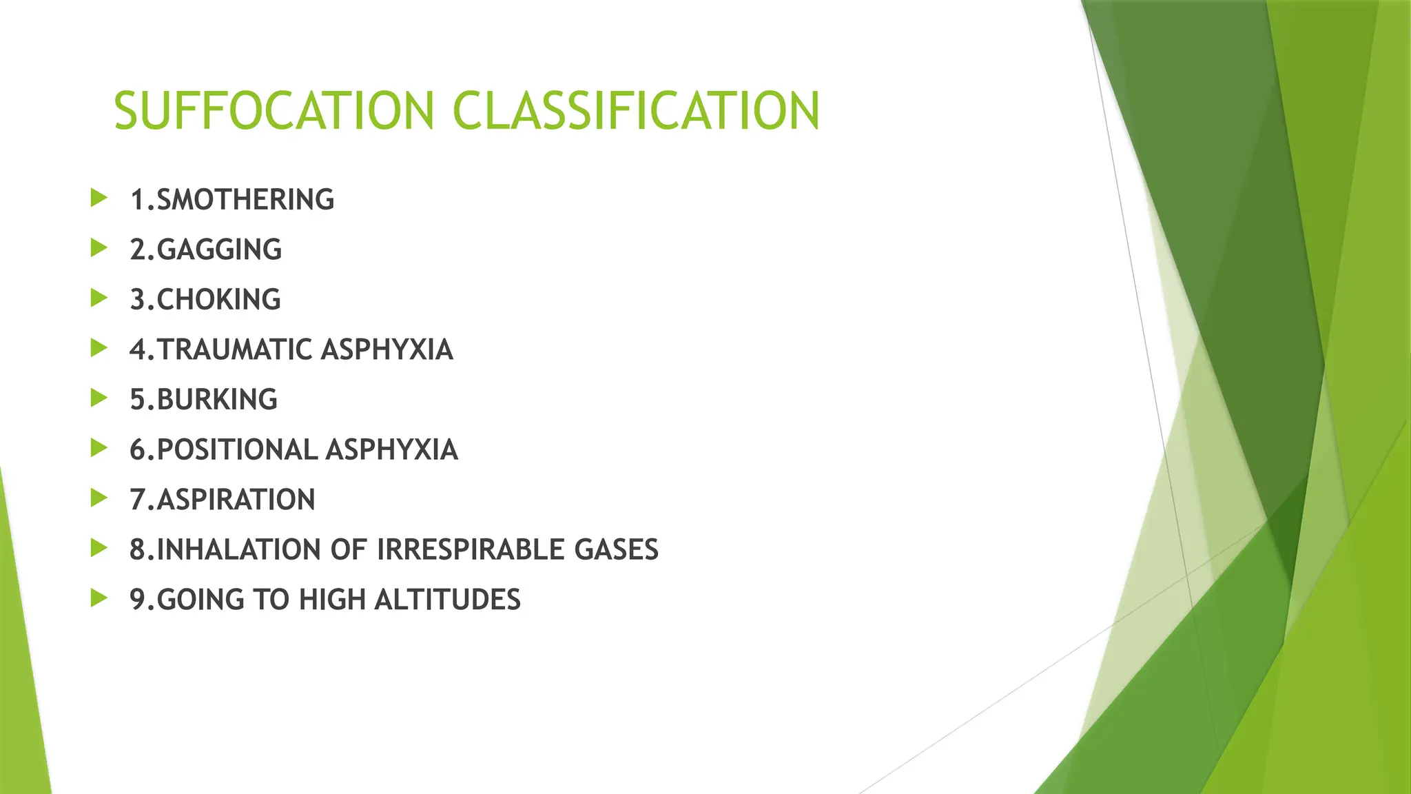 SUFFOCATION CLASSIFICATION
 1.SMOTHERING
 2.GAGGING
 3.CHOKING
 4.TRAUMATIC ASPHYXIA
 5.BURKING
 6.POSITIONAL ASPHYXIA
 7.ASPIRATION
 8.INHALATION OF IRRESPIRABLE GASES
 9.GOING TO HIGH ALTITUDES
 