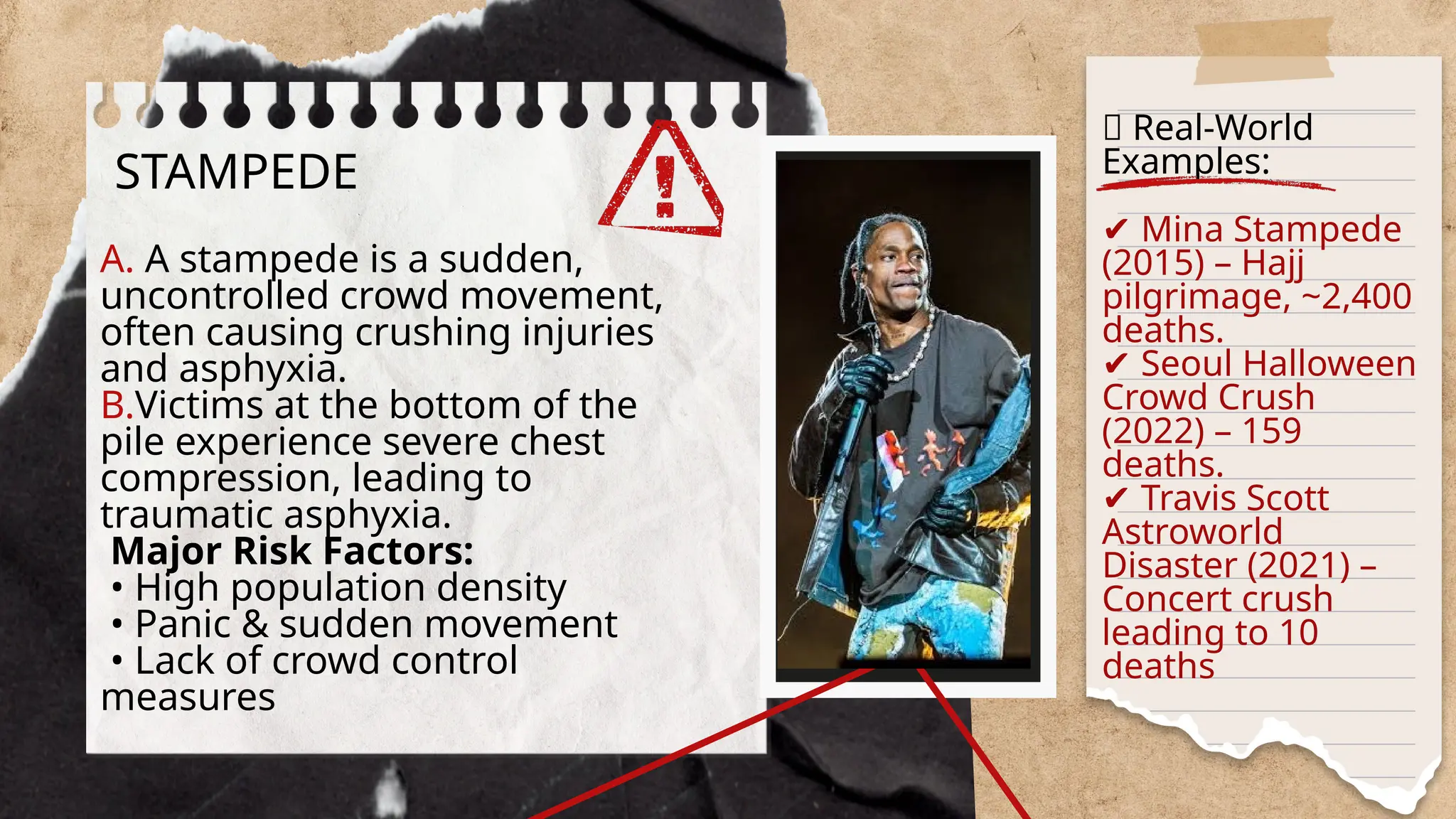 📌 Real-World
Examples:
STAMPEDE
A. A stampede is a sudden,
uncontrolled crowd movement,
often causing crushing injuries
and asphyxia.
B.Victims at the bottom of the
pile experience severe chest
compression, leading to
traumatic asphyxia.
Major Risk Factors:
• High population density
• Panic & sudden movement
• Lack of crowd control
measures
✔ Mina Stampede
(2015) – Hajj
pilgrimage, ~2,400
deaths.
✔ Seoul Halloween
Crowd Crush
(2022) – 159
deaths.
✔ Travis Scott
Astroworld
Disaster (2021) –
Concert crush
leading to 10
deaths
 