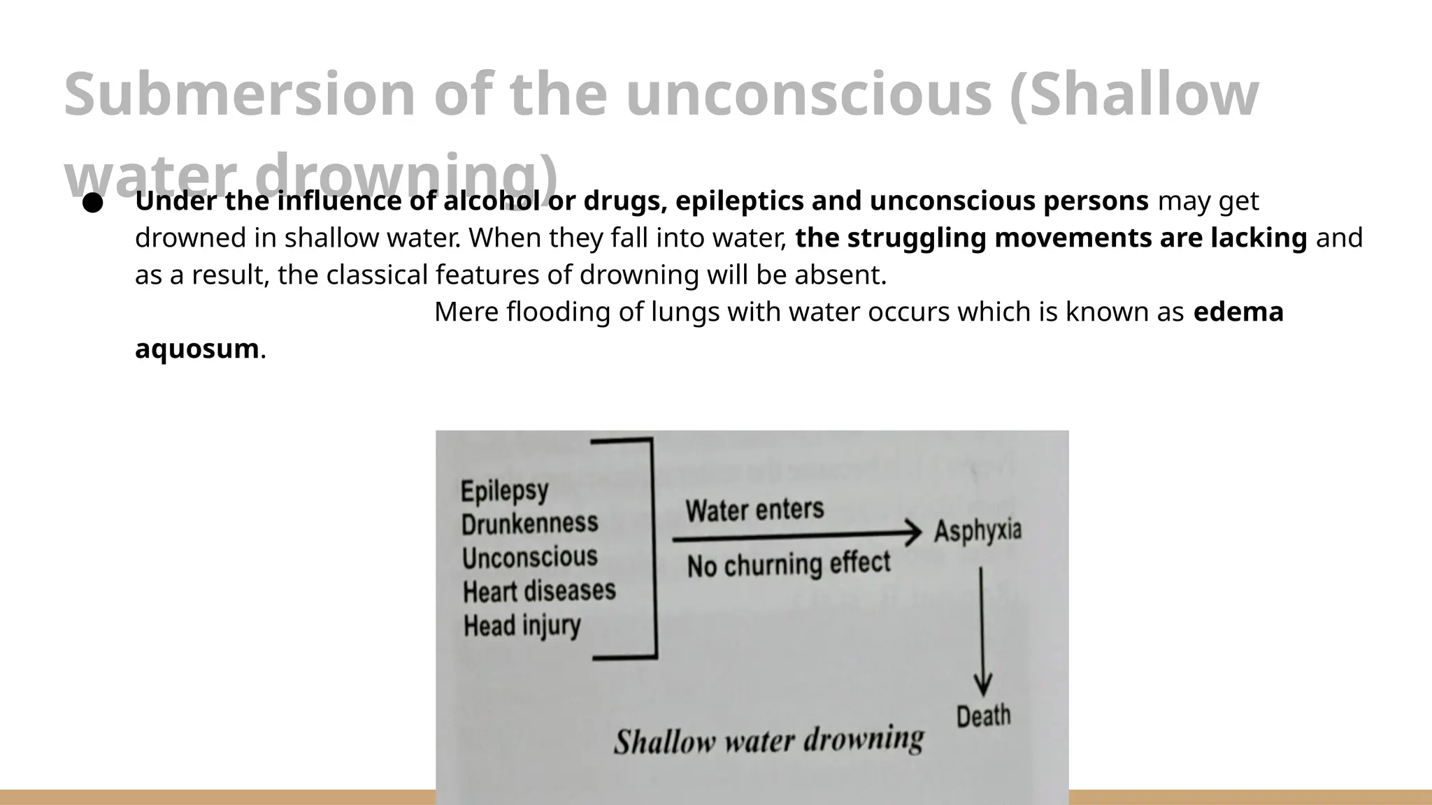 Submersion of the unconscious (Shallow
water drowning)
● Under the influence of alcohol or drugs, epileptics and unconscious persons may get
drowned in shallow water. When they fall into water, the struggling movements are lacking and
as a result, the classical features of drowning will be absent.
Mere flooding of lungs with water occurs which is known as edema
aquosum.
 