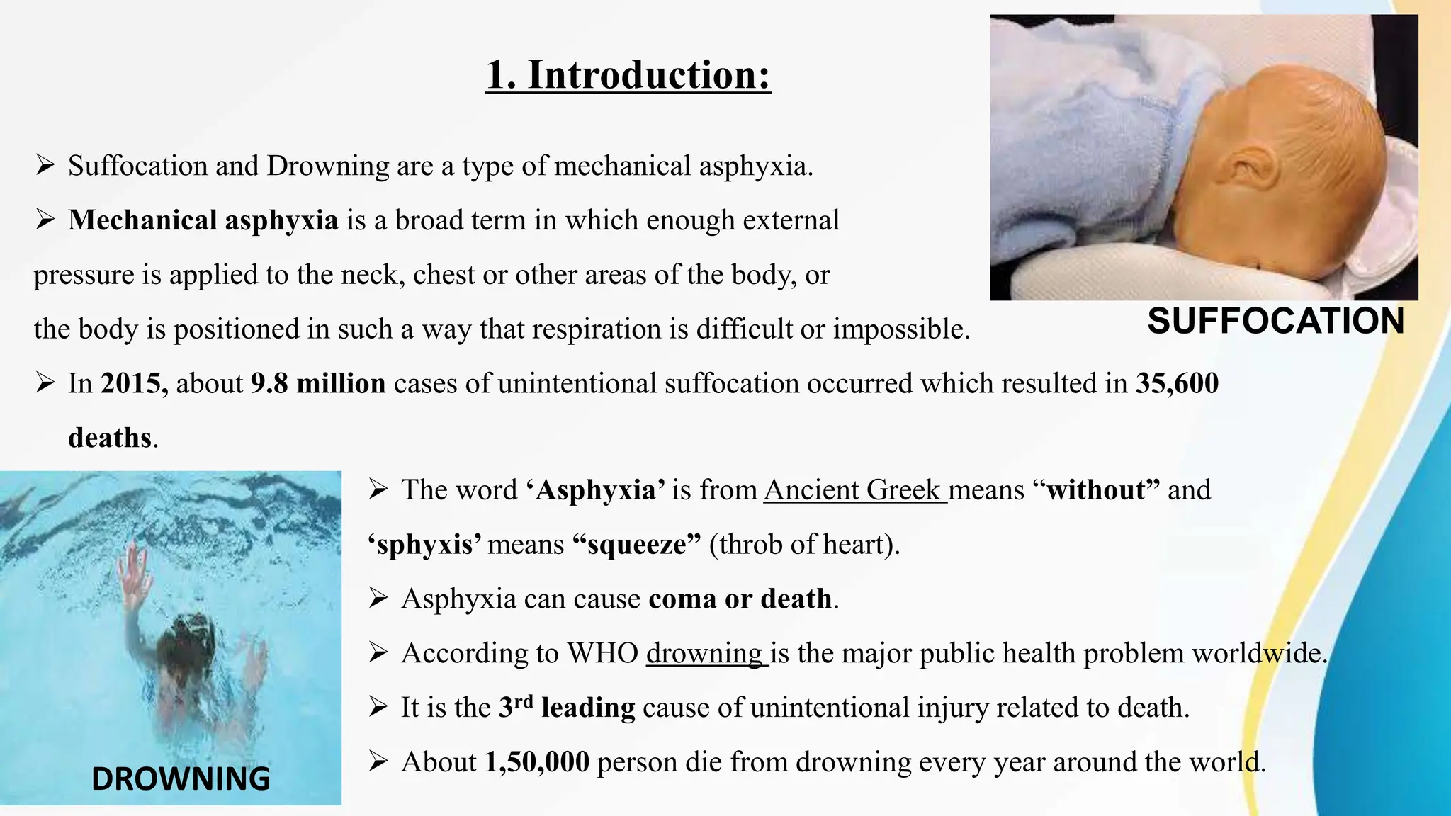 1. Introduction:
 Suffocation and Drowning are a type of mechanical asphyxia.
 Mechanical asphyxia is a broad term in which enough external
pressure is applied to the neck, chest or other areas of the body, or
the body is positioned in such a way that respiration is difficult or impossible.
 In 2015, about 9.8 million cases of unintentional suffocation occurred which resulted in 35,600
deaths.
SUFFOCATION
DROWNING
 The word ‘Asphyxia’ is from Ancient Greek means “without” and
‘sphyxis’ means “squeeze” (throb of heart).
 Asphyxia can cause coma or death.
 According to WHO drowning is the major public health problem worldwide.
 It is the 3rd leading cause of unintentional injury related to death.
 About 1,50,000 person die from drowning every year around the world.
 