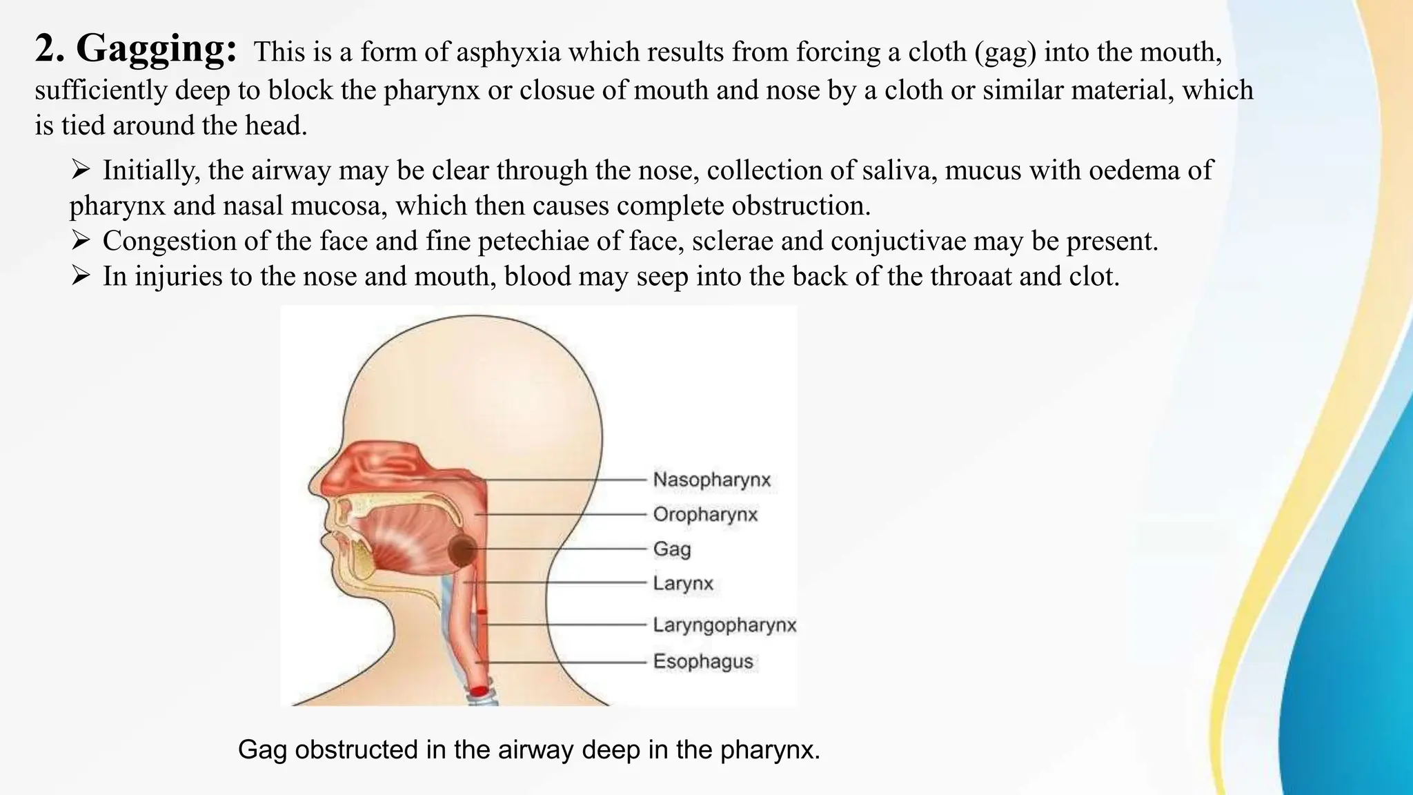 2. Gagging: This is a form of asphyxia which results from forcing a cloth (gag) into the mouth,
sufficiently deep to block the pharynx or closue of mouth and nose by a cloth or similar material, which
is tied around the head.
 Initially, the airway may be clear through the nose, collection of saliva, mucus with oedema of
pharynx and nasal mucosa, which then causes complete obstruction.
 Congestion of the face and fine petechiae of face, sclerae and conjuctivae may be present.
 In injuries to the nose and mouth, blood may seep into the back of the throaat and clot.
Gag obstructed in the airway deep in the pharynx.
 