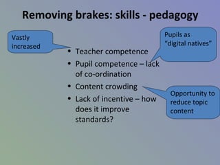 Removing brakes: skills - pedagogy
• Teacher competence
• Pupil competence – lack
of co-ordination
• Content crowding
• Lack of incentive – how
does it improve
standards?
Vastly
increased
Pupils as
“digital natives”
Opportunity to
reduce topic
content
 