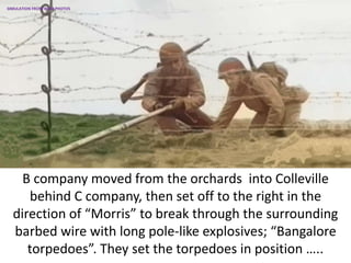 B company moved from the orchards into Colleville
behind C company, then set off to the right in the
direction of “Morris” to break through the surrounding
barbed wire with long pole-like explosives; “Bangalore
torpedoes”. They set the torpedoes in position …..
SIMULATION FROM WW2 PHOTOS
 