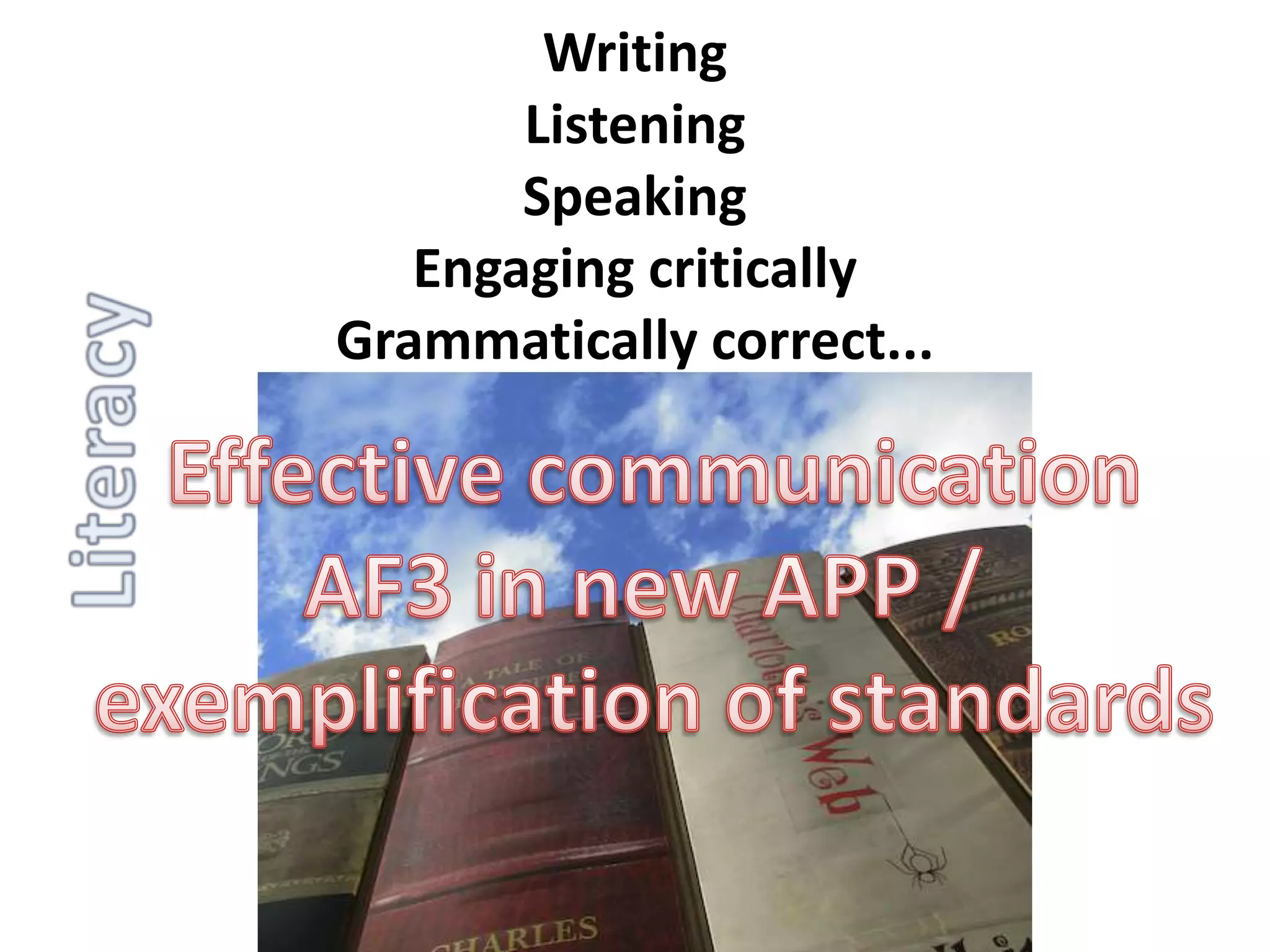 WritingListeningSpeakingEngaging criticallyGrammatically correct...LiteracyEffective communicationAF3 in new APP / exemplification of standards