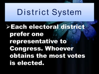 District System
Each electoral district
prefer one
representative to
Congress. Whoever
obtains the most votes
is elected.
 