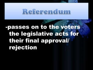 -passes on to the voters
the legislative acts for
their final approval/
rejection
 