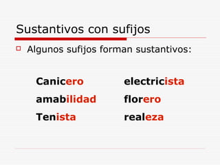 Sustantivos con sufijos
 Algunos sufijos forman sustantivos:
Canicero electricista
amabilidad florero
Tenista realeza
 