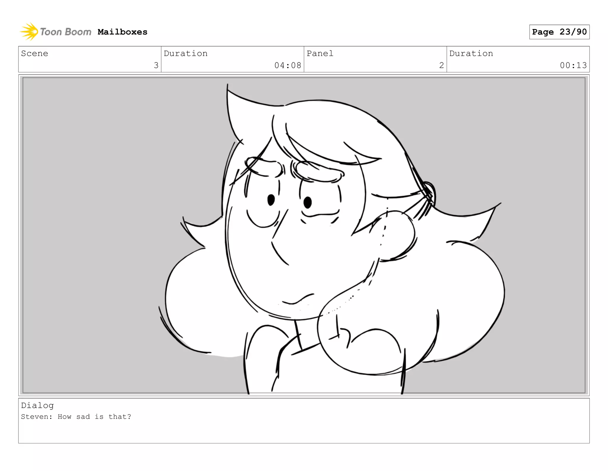 Scene
3
Duration
04:08
Panel
2
Duration
00:13
Dialog
Steven: How sad is that?
Mailboxes Page 23/90
 