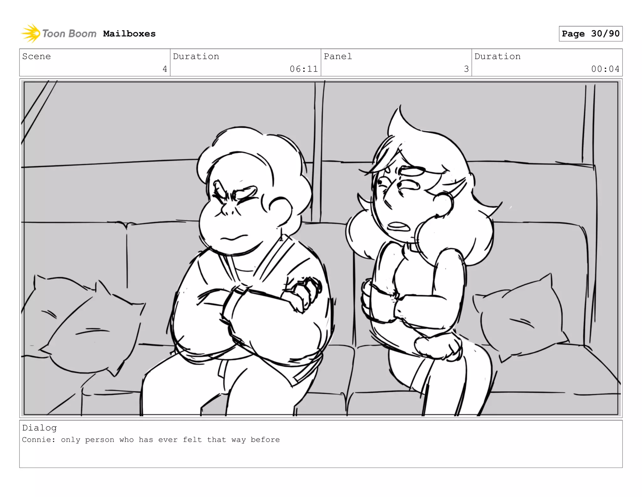 Scene
4
Duration
06:11
Panel
3
Duration
00:04
Dialog
Connie: only person who has ever felt that way before
Mailboxes Page 30/90
 