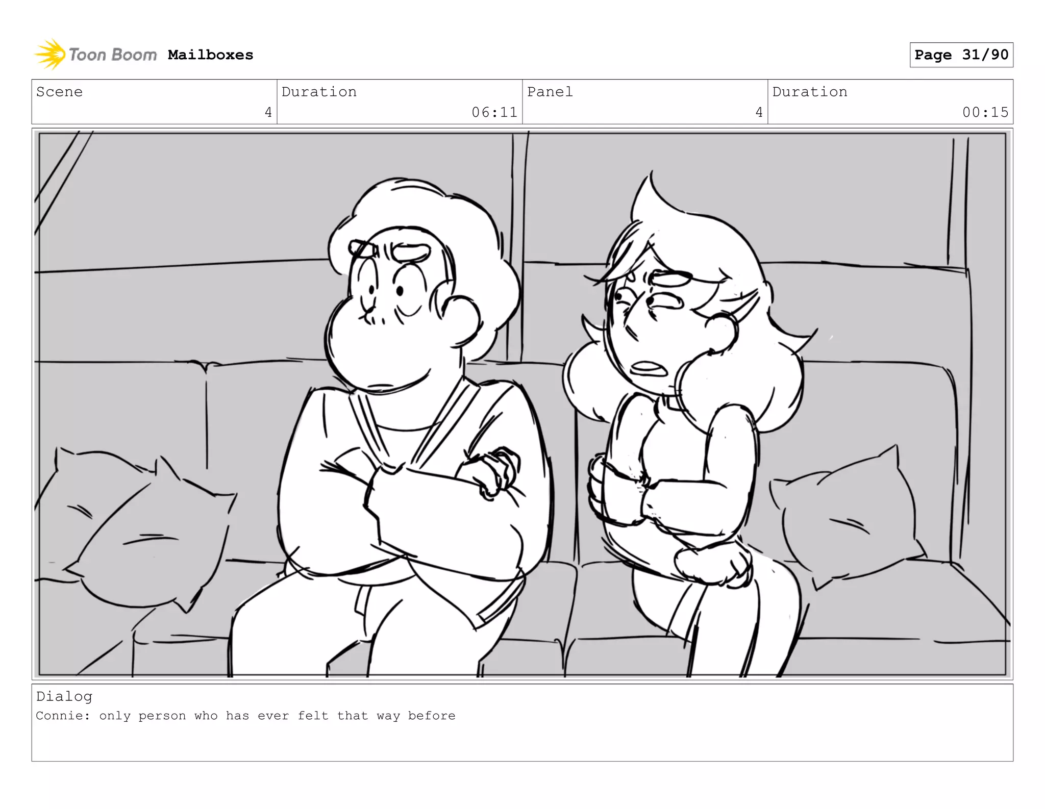 Scene
4
Duration
06:11
Panel
4
Duration
00:15
Dialog
Connie: only person who has ever felt that way before
Mailboxes Page 31/90
 
