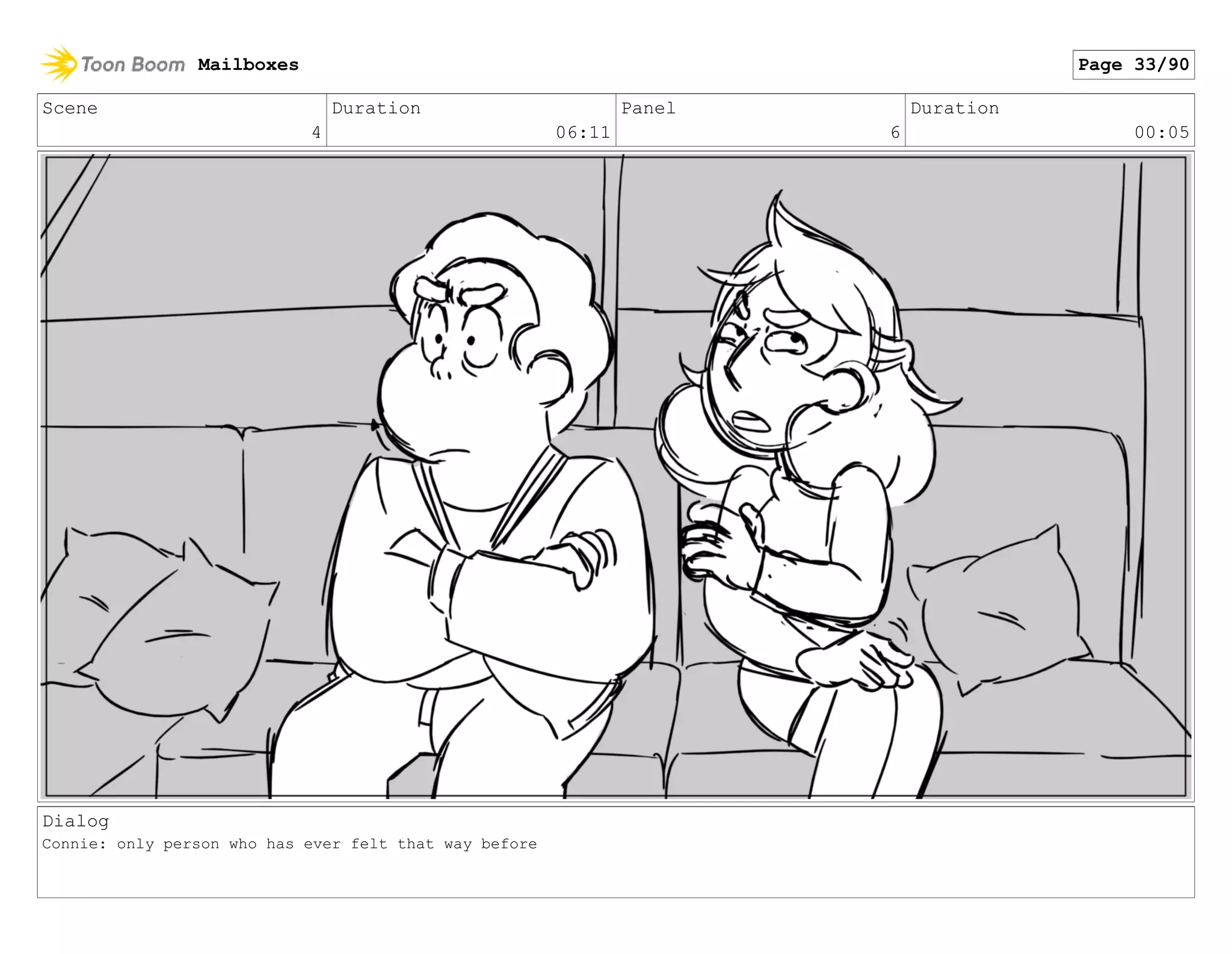 Scene
4
Duration
06:11
Panel
6
Duration
00:05
Dialog
Connie: only person who has ever felt that way before
Mailboxes Page 33/90
 