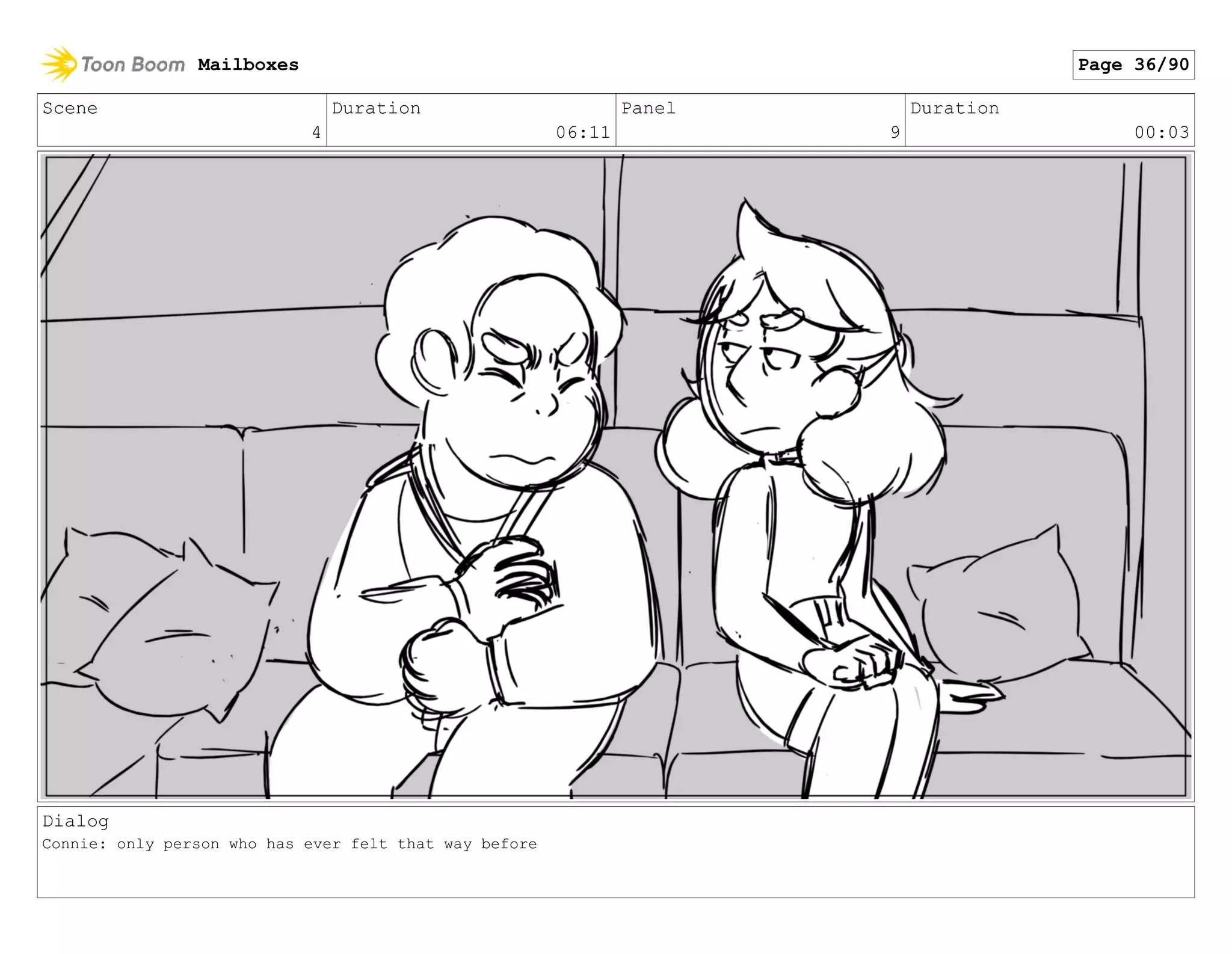 Scene
4
Duration
06:11
Panel
9
Duration
00:03
Dialog
Connie: only person who has ever felt that way before
Mailboxes Page 36/90
 
