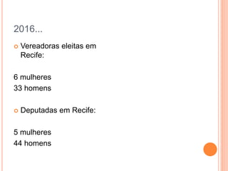 2016...
 Vereadoras eleitas em
Recife:
6 mulheres
33 homens
 Deputadas em Recife:
5 mulheres
44 homens
 