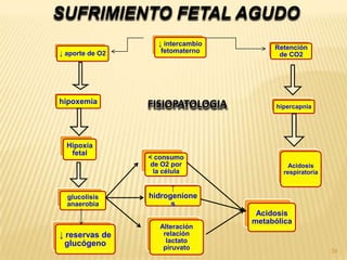 SUFRIMIENTO FETAL AGUDO
                    ↓ intercambio
                     fetomaterno         Retención
↓ aporte de O2                            de CO2




hipoxemia        FISIOPATOLOGIA           hipercapnia




  Hipoxia
   fetal
                 < consumo
                  de O2 por                   Acidosis
                   la célula                respiratoria

                       ↑
  glucolisis     hidrogenione
  anaerobia            s
                                     Acidosis
                                    metabólica
                    Alteración
↓ reservas de        relación
 glucógeno            lactato
                     piruvato                              34
 