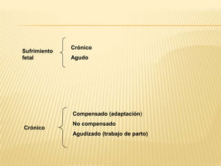 Crónico
Sufrimiento
fetal         Agudo




              Compensado (adaptación)
              No compensado
Crónico
              Agudizado (trabajo de parto)
 