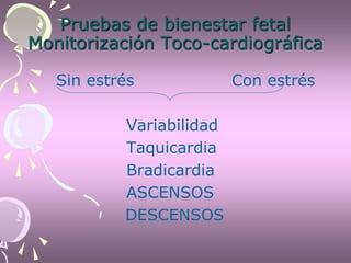 Pruebas de bienestar fetal
Monitorización Toco-cardiográfica
Sin estrés Con estrés
Variabilidad
Taquicardia
Bradicardia
ASCENSOS
DESCENSOS
 