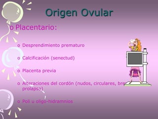 Origen Ovular
o Placentario:
o Desprendimiento prematuro
o Calcificación (senectud)
o Placenta previa
o Alteraciones del cordón (nudos, circulares, brevedad y
prolapso)
o Poli u oligo-hidramnios
 